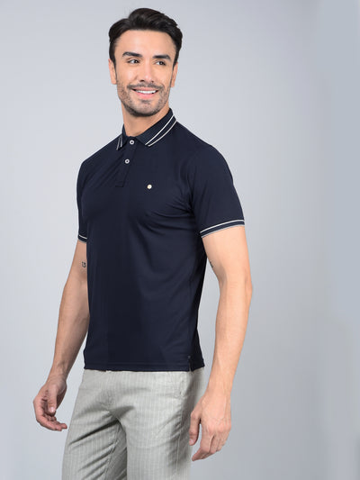 Navy Blue Polo Neck T-Shirt-Men T-Shirts-Crimsoune Club