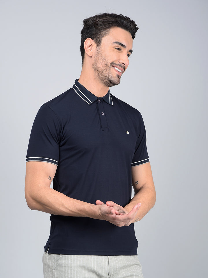 Navy Blue Polo Neck T-Shirt-Men T-Shirts-Crimsoune Club