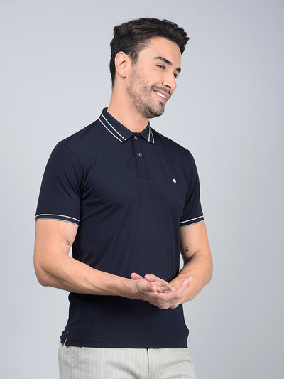 Navy Blue Polo Neck T-Shirt-Men T-Shirts-Crimsoune Club