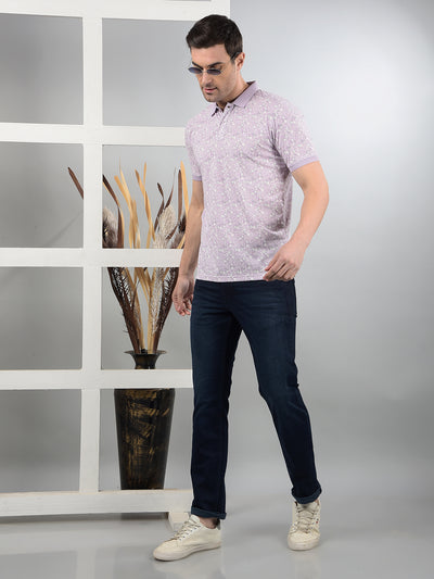 Purple Floral Print Polo Neck T-Shirt-Men T-Shirts-Crimsoune Club