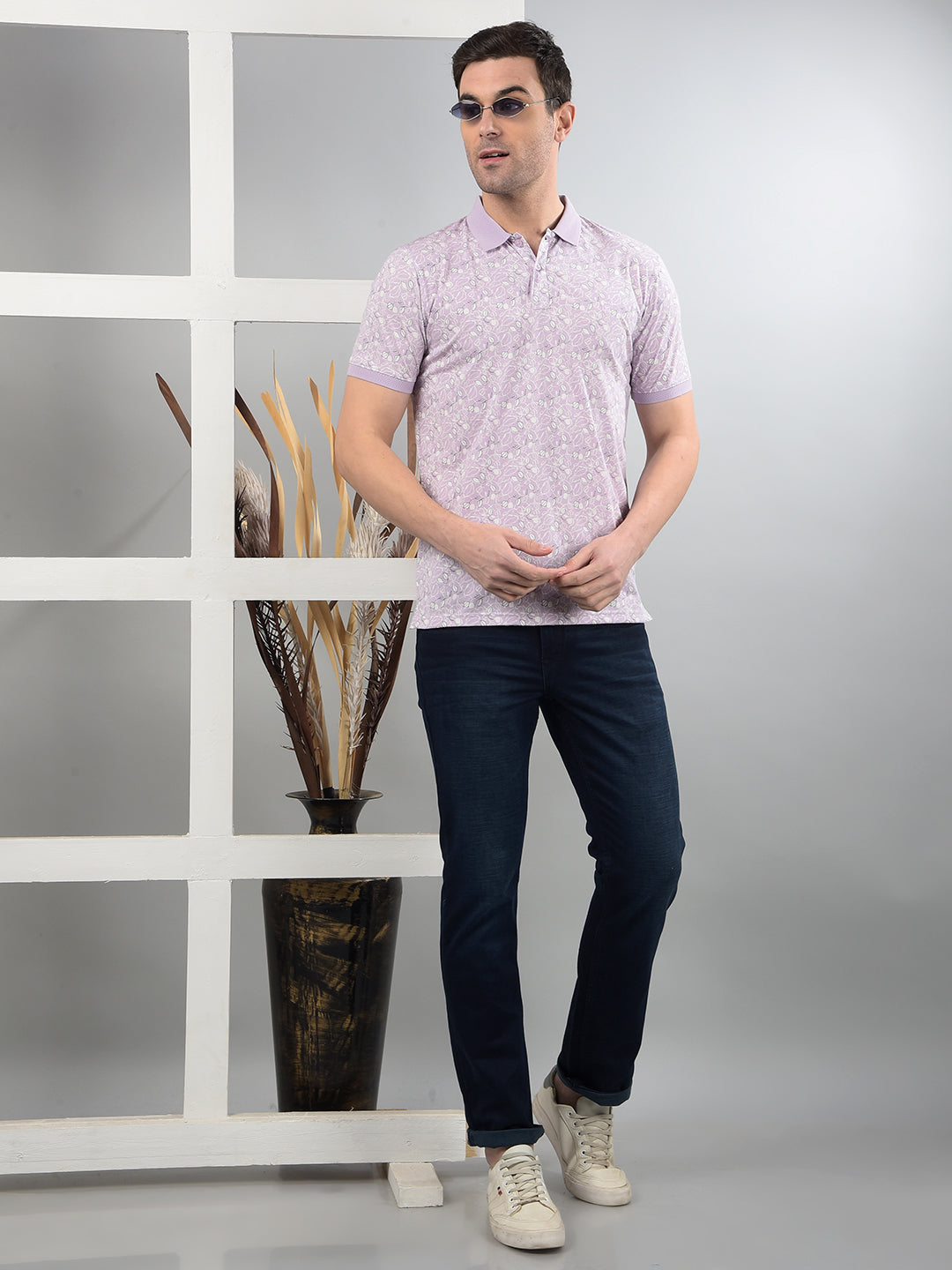 Purple Floral Print Polo Neck T-Shirt-Men T-Shirts-Crimsoune Club