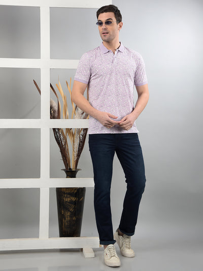Purple Floral Print Polo Neck T-Shirt-Men T-Shirts-Crimsoune Club