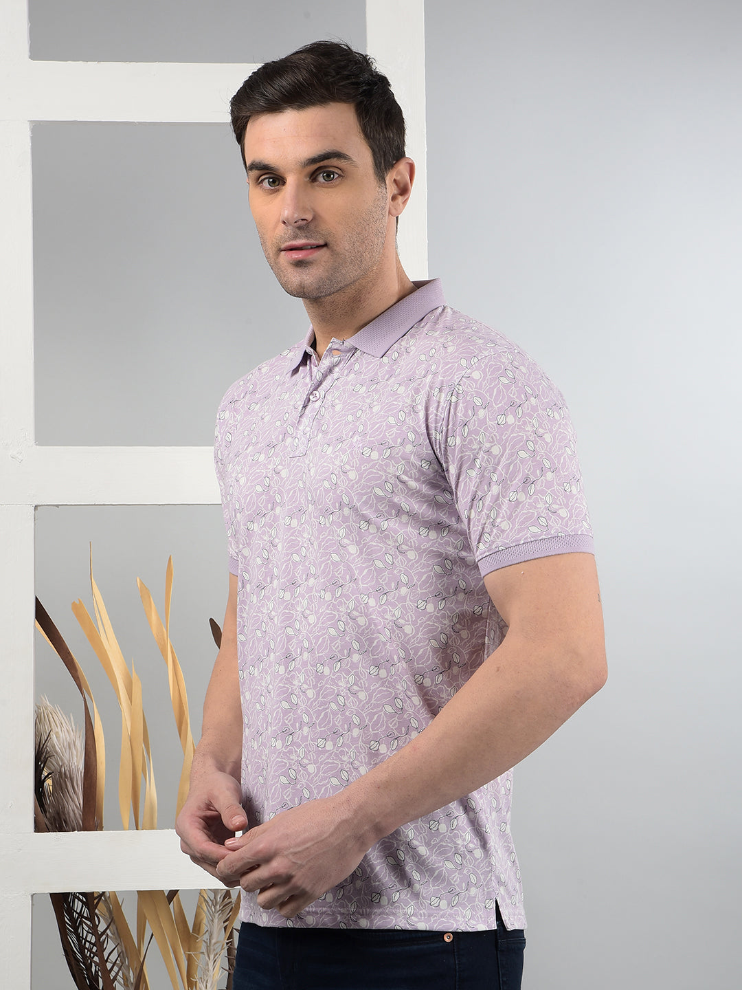 Purple Floral Print Polo Neck T-Shirt-Men T-Shirts-Crimsoune Club