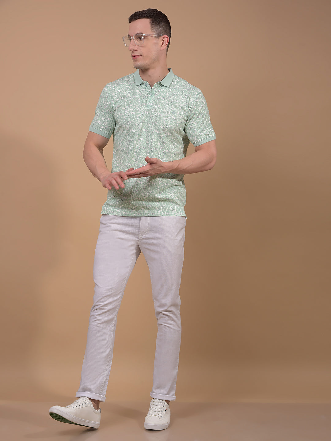 Green Floral Print Polo Neck T-Shirt-Men T-Shirts-Crimsoune Club
