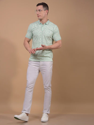 Green Floral Print Polo Neck T-Shirt-Men T-Shirts-Crimsoune Club