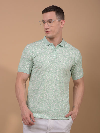 Green Floral Print Polo Neck T-Shirt-Men T-Shirts-Crimsoune Club