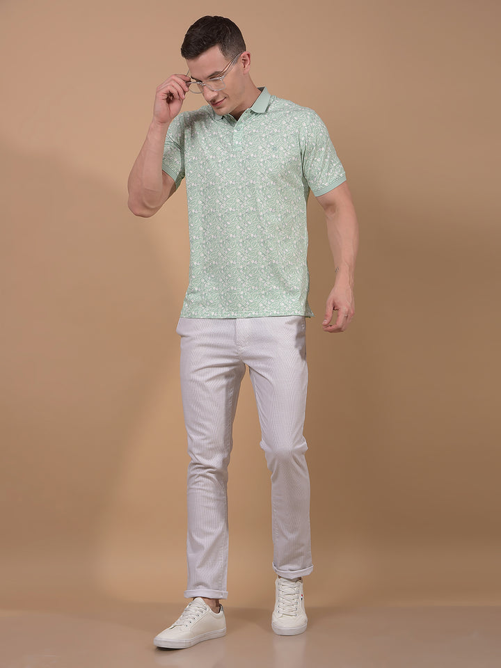 Green Floral Print Polo Neck T-Shirt-Men T-Shirts-Crimsoune Club
