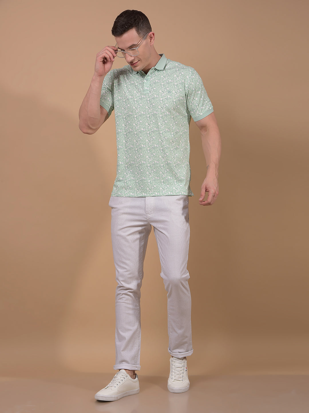 Green Floral Print Polo Neck T-Shirt-Men T-Shirts-Crimsoune Club