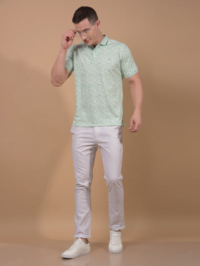 Green Floral Print Polo Neck T-Shirt-Men T-Shirts-Crimsoune Club