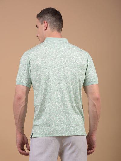 Green Floral Print Polo Neck T-Shirt-Men T-Shirts-Crimsoune Club