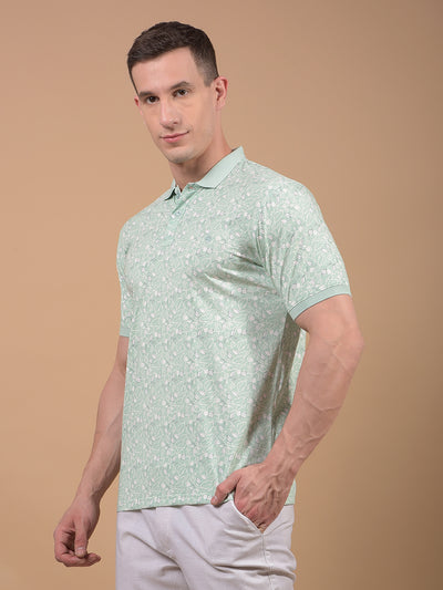 Green Floral Print Polo Neck T-Shirt-Men T-Shirts-Crimsoune Club