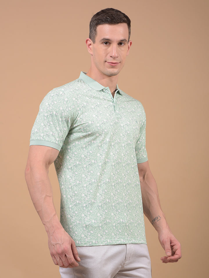 Green Floral Print Polo Neck T-Shirt-Men T-Shirts-Crimsoune Club