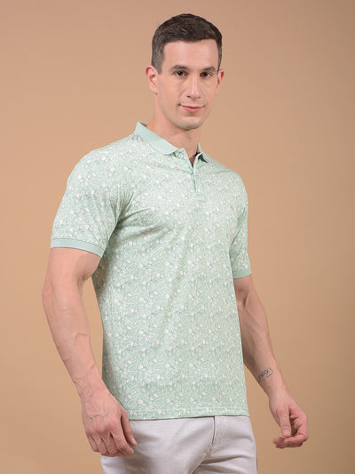 Green Floral Print Polo Neck T-Shirt-Men T-Shirts-Crimsoune Club
