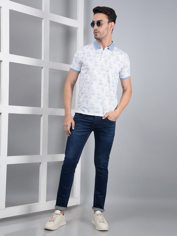 Blue Floral Print Polo Neck T-Shirt-Men T-Shirts-Crimsoune Club