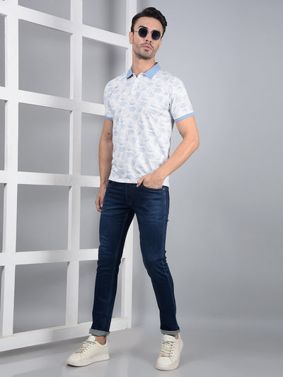 Blue Floral Print Polo Neck T-Shirt-Men T-Shirts-Crimsoune Club