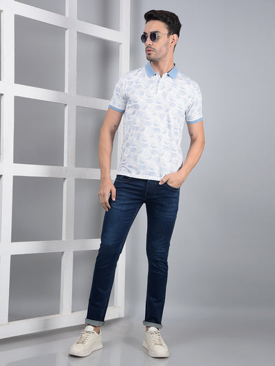 Blue Floral Print Polo Neck T-Shirt-Men T-Shirts-Crimsoune Club