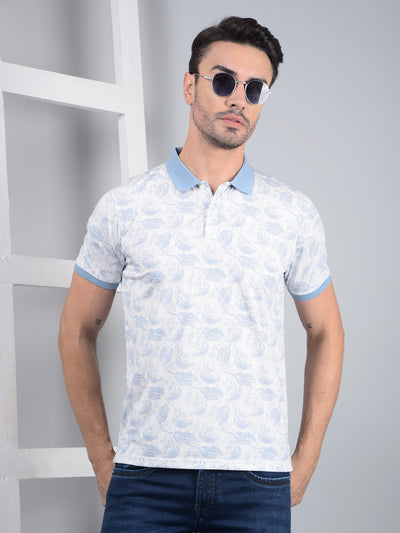 Blue Floral Print Polo Neck T-Shirt-Men T-Shirts-Crimsoune Club