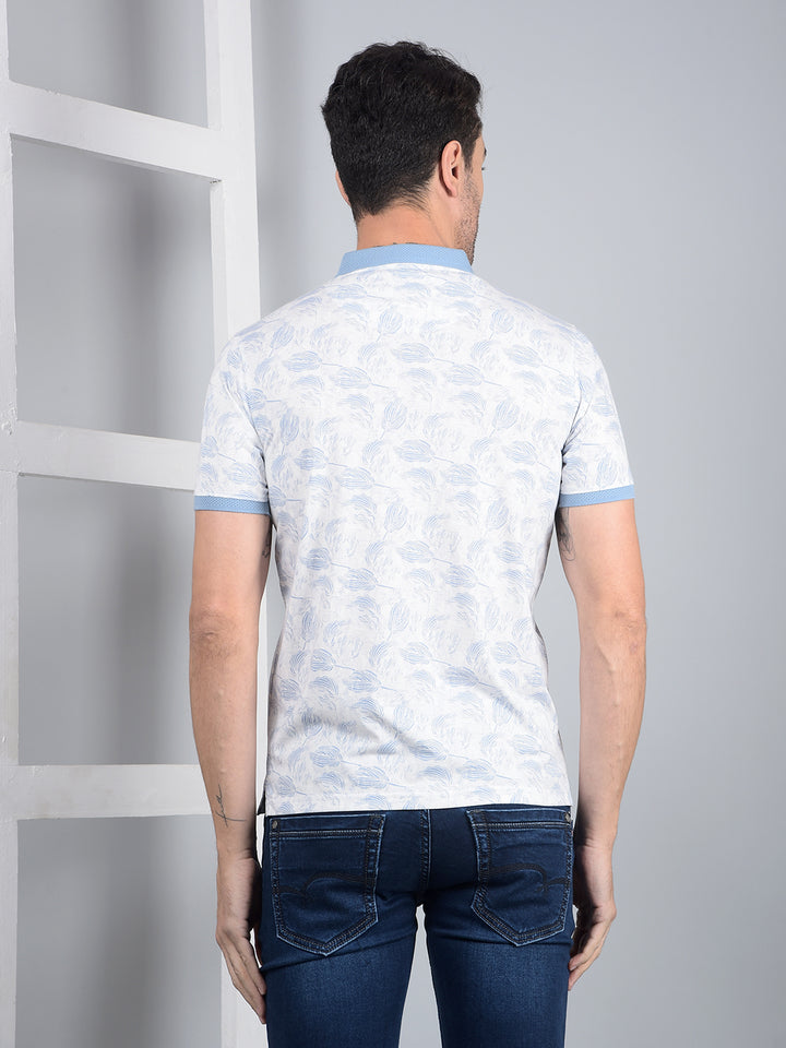 Blue Floral Print Polo Neck T-Shirt-Men T-Shirts-Crimsoune Club