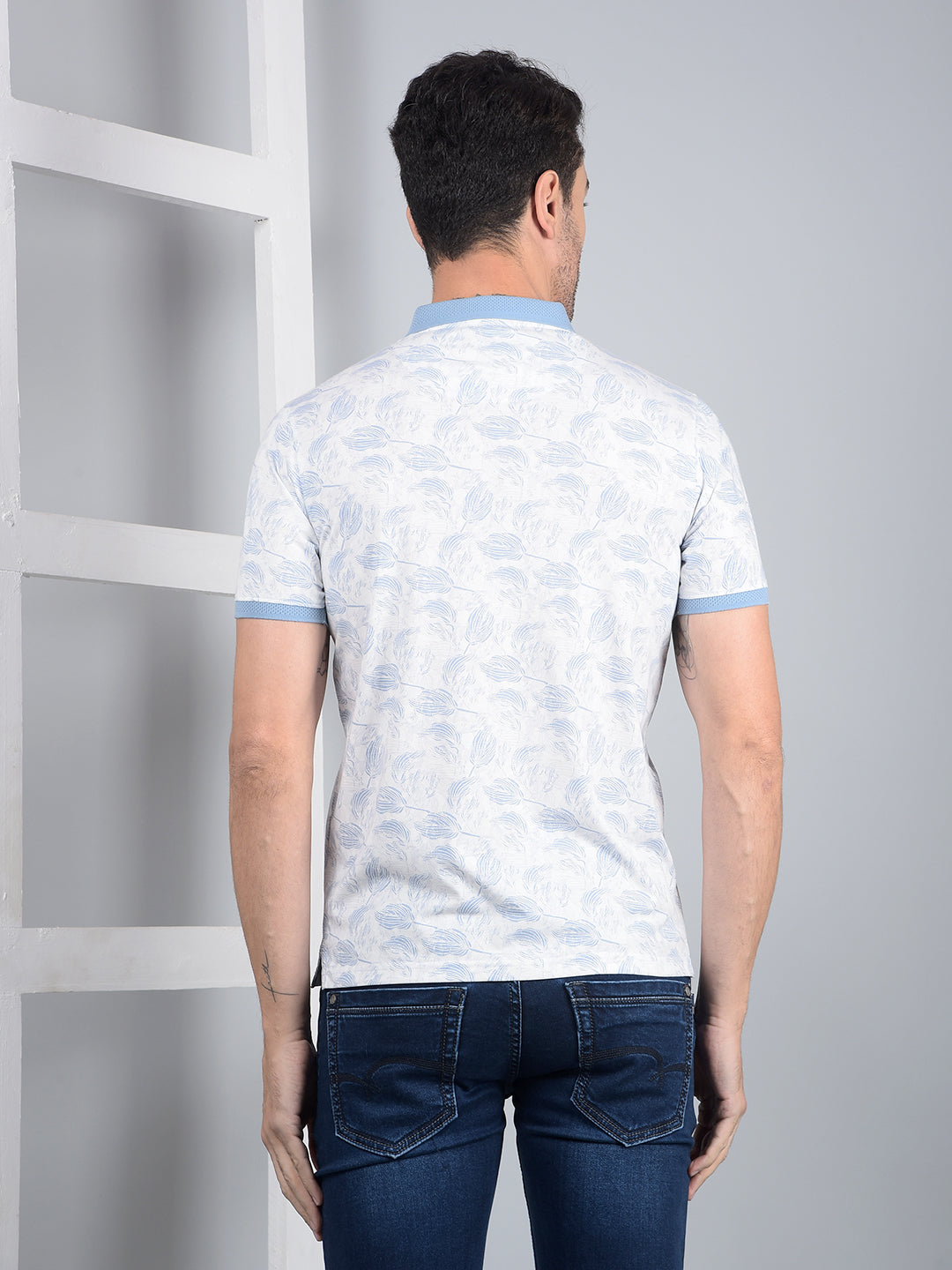 Blue Floral Print Polo Neck T-Shirt-Men T-Shirts-Crimsoune Club