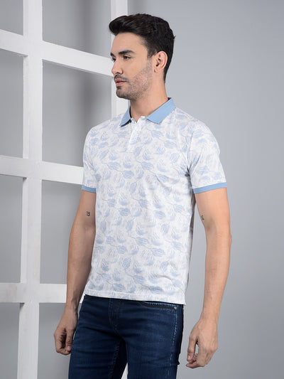 Blue Floral Print Polo Neck T-Shirt-Men T-Shirts-Crimsoune Club
