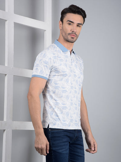 Blue Floral Print Polo Neck T-Shirt-Men T-Shirts-Crimsoune Club