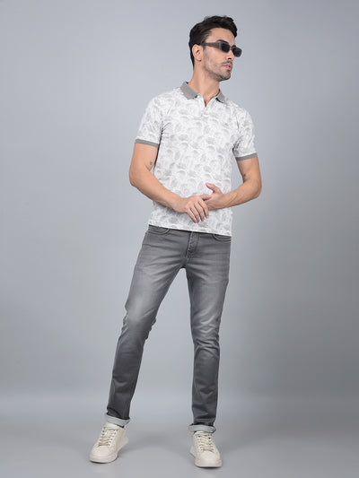 Grey Floral Print Polo Neck T-Shirt-Men T-Shirts-Crimsoune Club