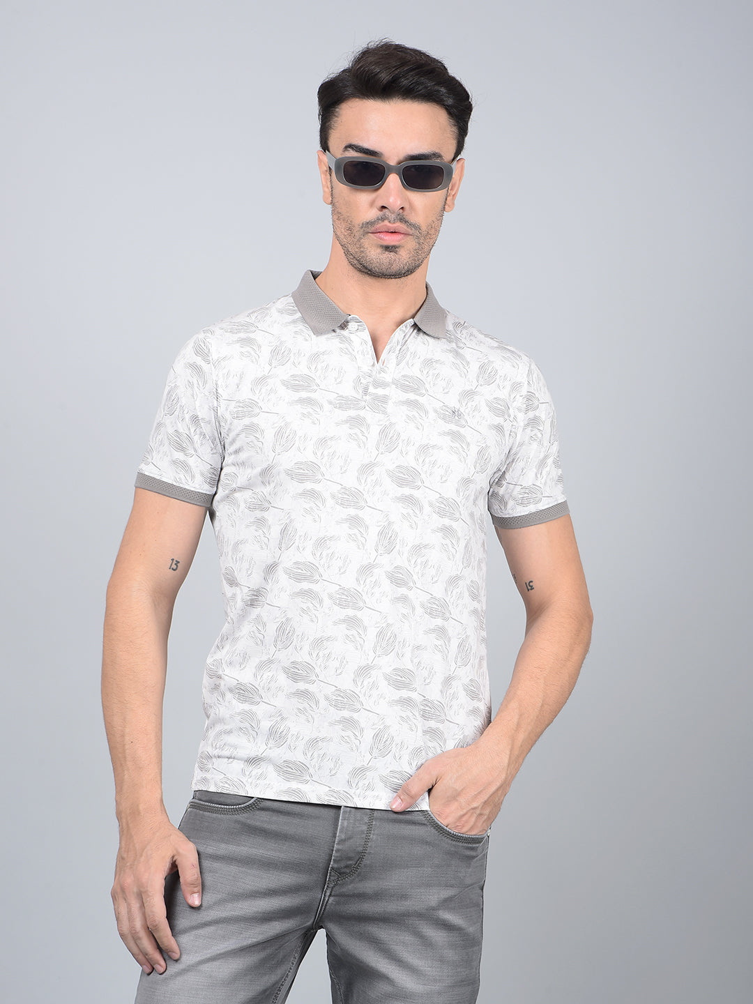 Grey Floral Print Polo Neck T-Shirt-Men T-Shirts-Crimsoune Club