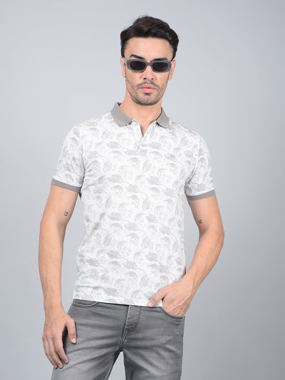 Grey Floral Print Polo Neck T-Shirt-Men T-Shirts-Crimsoune Club