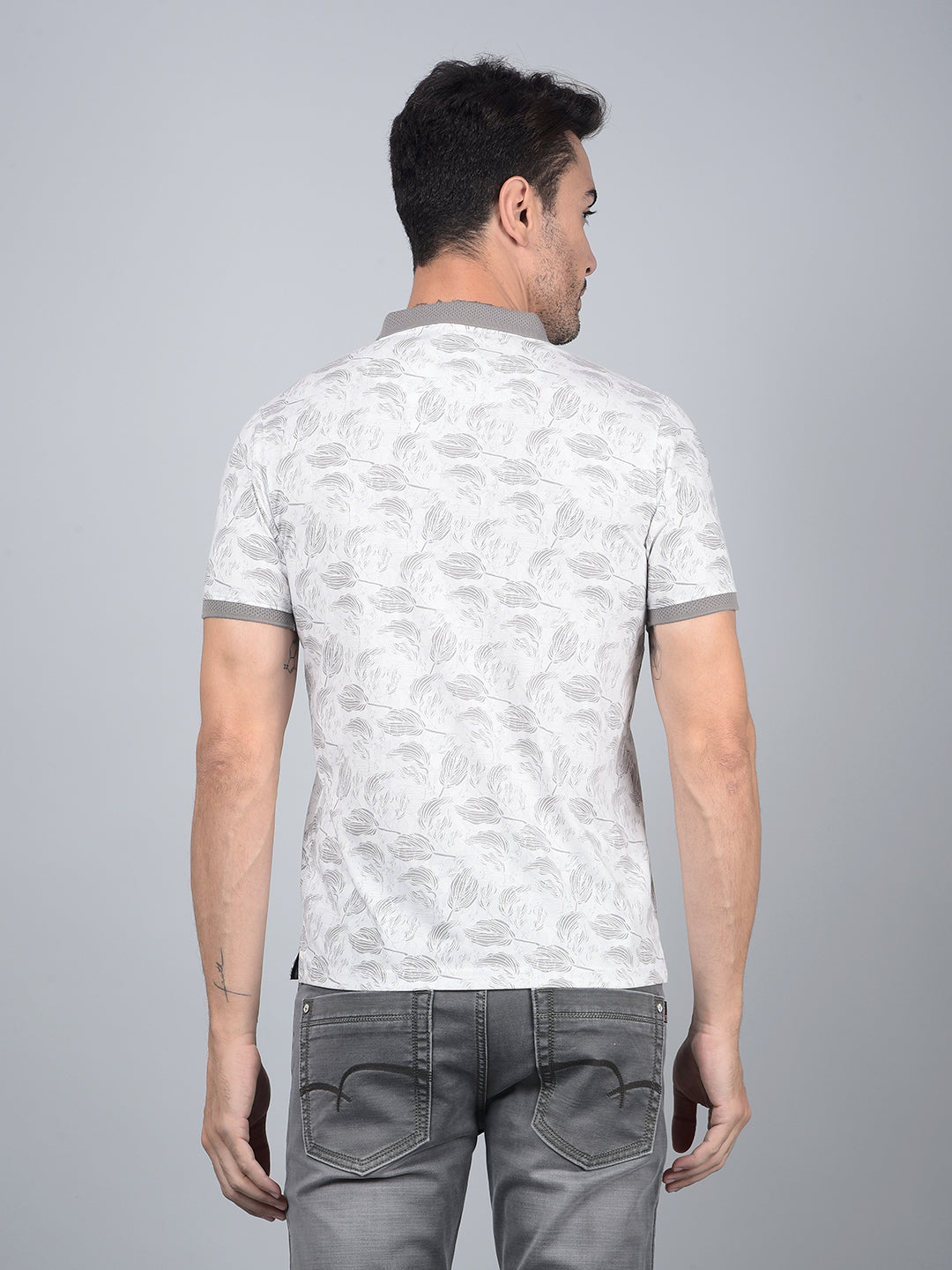 Grey Floral Print Polo Neck T-Shirt-Men T-Shirts-Crimsoune Club