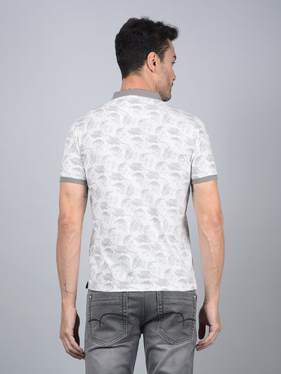 Grey Floral Print Polo Neck T-Shirt-Men T-Shirts-Crimsoune Club