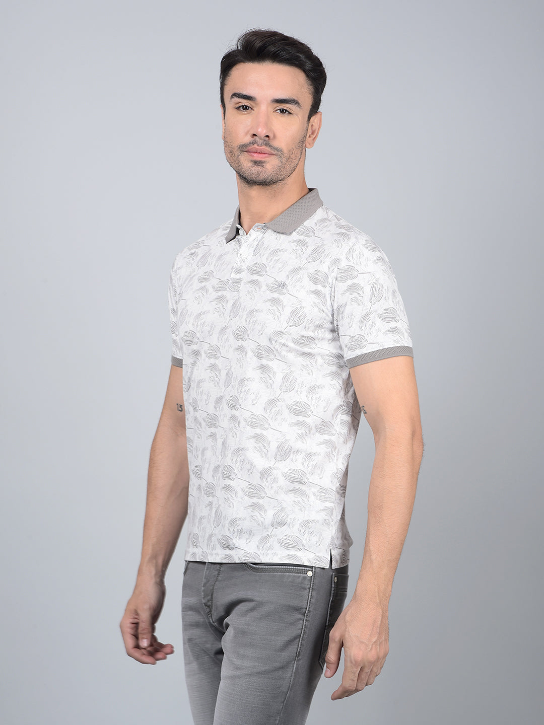 Grey Floral Print Polo Neck T-Shirt-Men T-Shirts-Crimsoune Club