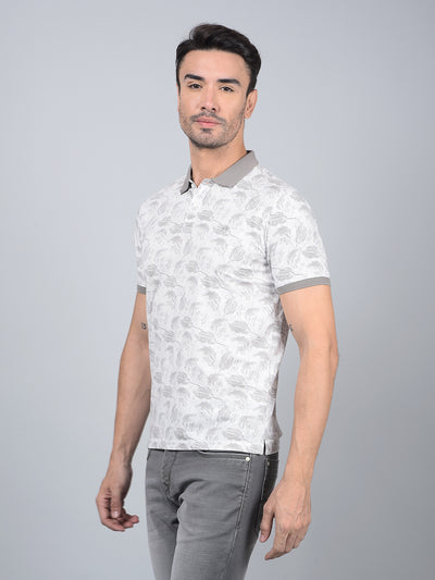 Grey Floral Print Polo Neck T-Shirt-Men T-Shirts-Crimsoune Club