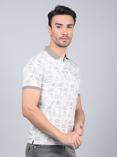 Grey Floral Print Polo Neck T-Shirt-Men T-Shirts-Crimsoune Club