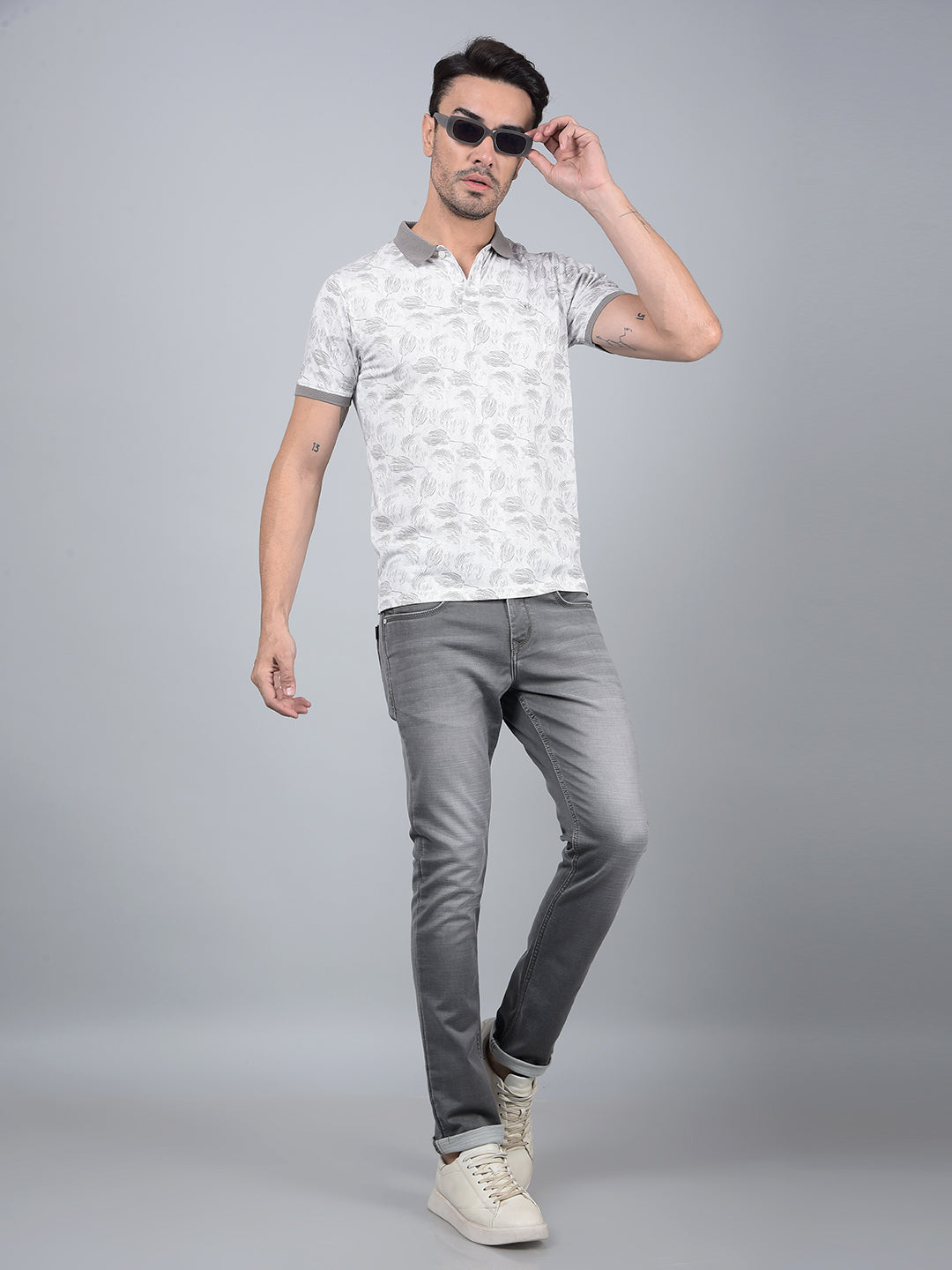 Grey Floral Print Polo Neck T-Shirt-Men T-Shirts-Crimsoune Club