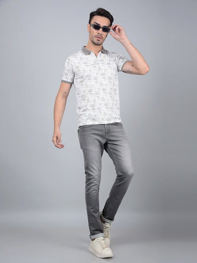 Grey Floral Print Polo Neck T-Shirt-Men T-Shirts-Crimsoune Club