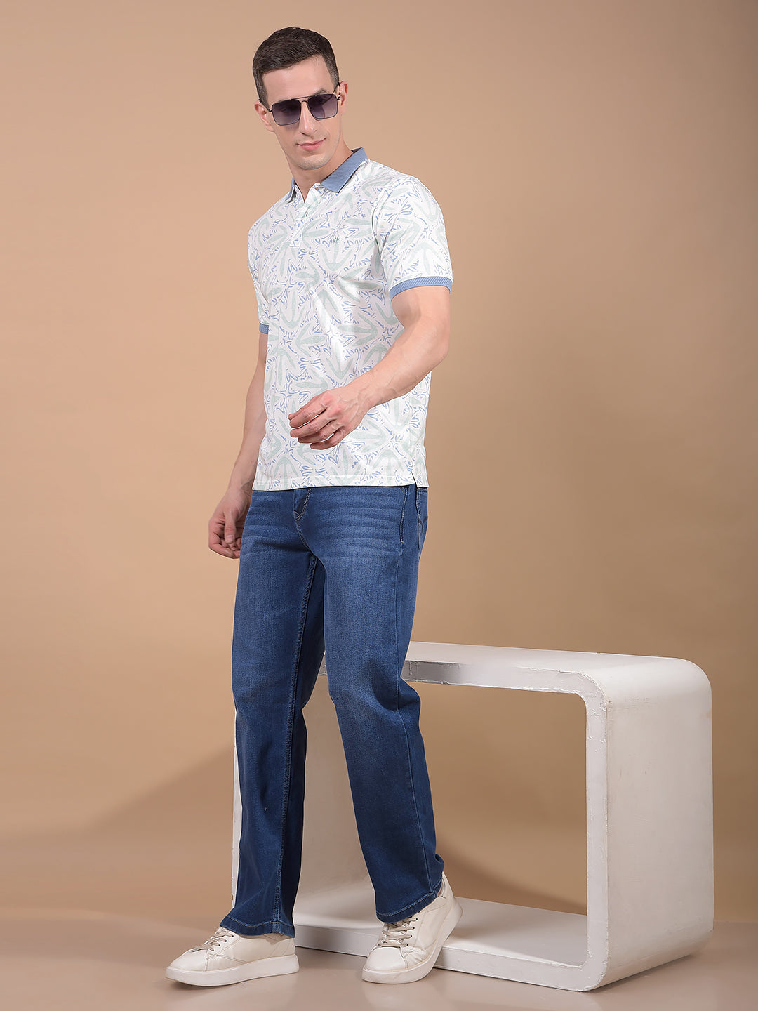 Blue Printed Polo Neck T-Shirt-Men T-Shirts-Crimsoune Club