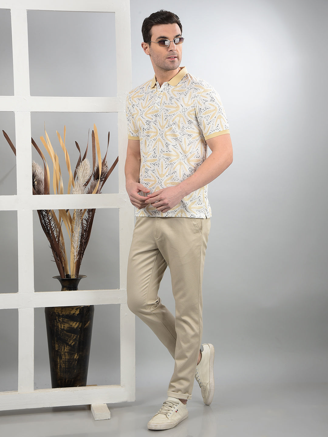 Beige Printed Polo Neck T-Shirt-Men T-Shirts-Crimsoune Club