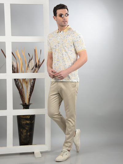 Beige Printed Polo Neck T-Shirt-Men T-Shirts-Crimsoune Club