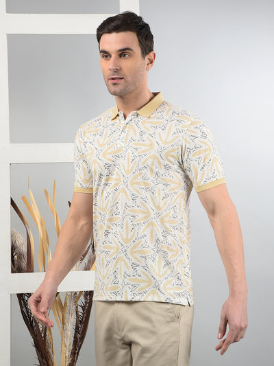 Beige Printed Polo Neck T-Shirt-Men T-Shirts-Crimsoune Club