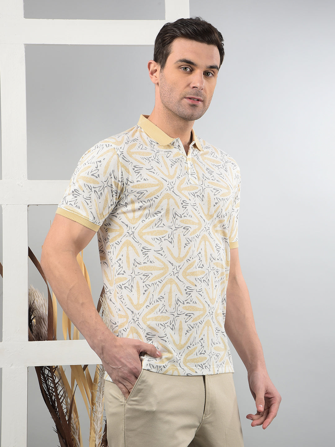 Beige Printed Polo Neck T-Shirt-Men T-Shirts-Crimsoune Club