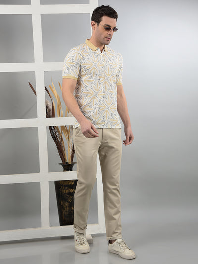 Beige Printed Polo Neck T-Shirt-Men T-Shirts-Crimsoune Club