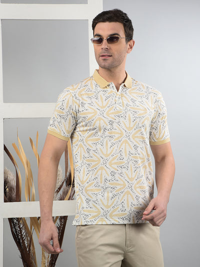 Beige Printed Polo Neck T-Shirt-Men T-Shirts-Crimsoune Club