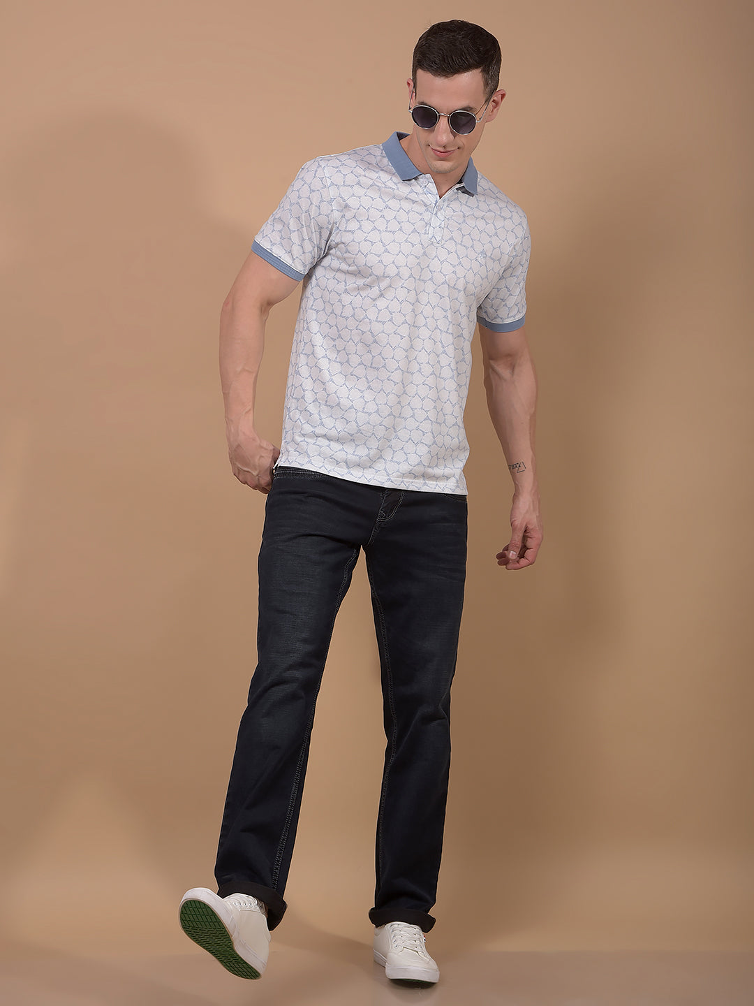 Blue Printed Polo Neck T-Shirt-Men T-Shirts-Crimsoune Club