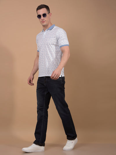 Blue Printed Polo Neck T-Shirt-Men T-Shirts-Crimsoune Club