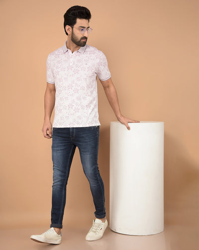 Pink Floral Print Polo Neck T-Shirt-Men T-Shirts-Crimsoune Club