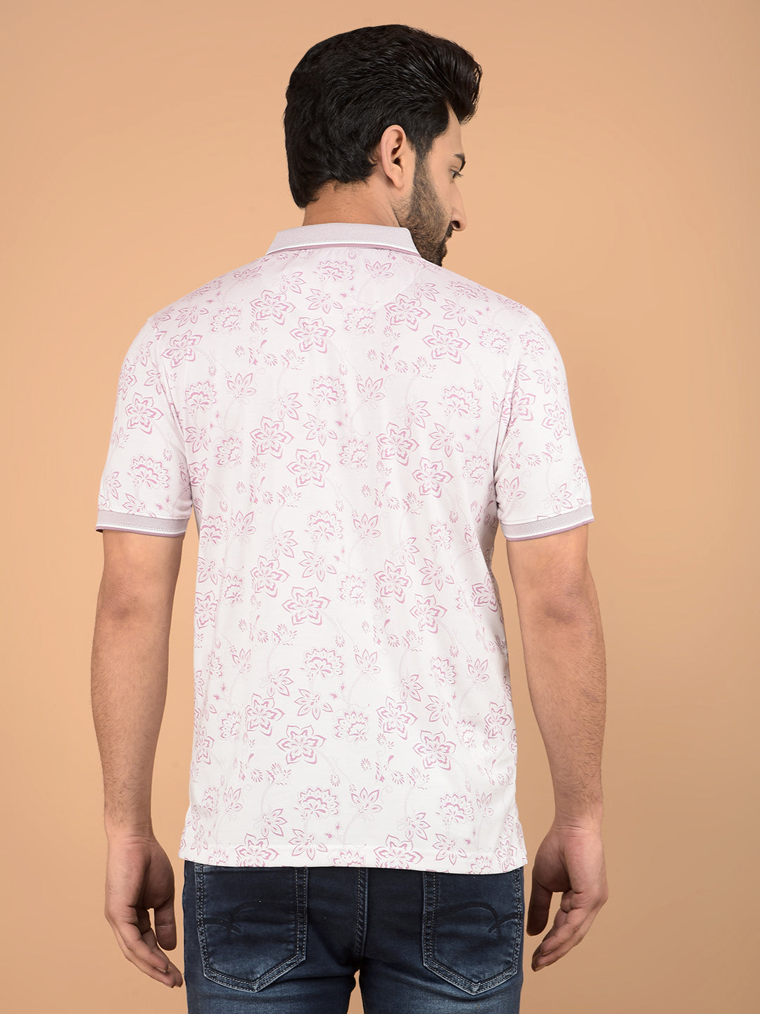 Pink Floral Print Polo Neck T-Shirt-Men T-Shirts-Crimsoune Club