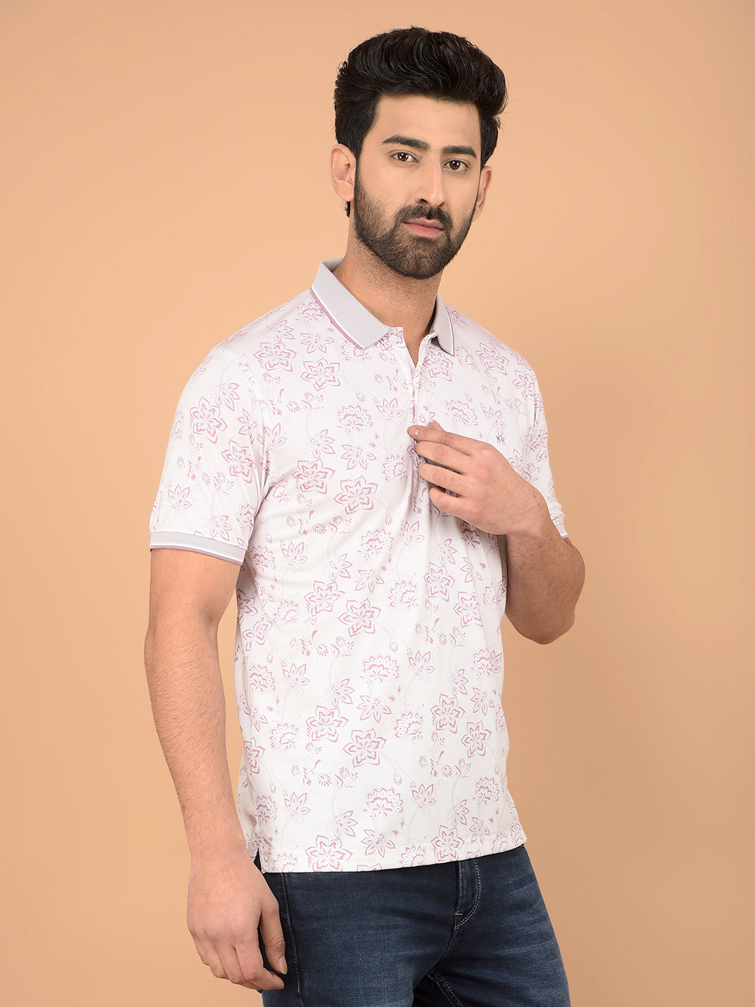 Pink Floral Print Polo Neck T-Shirt-Men T-Shirts-Crimsoune Club