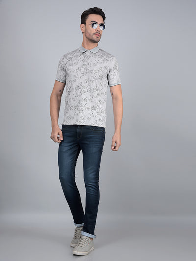 Grey Floral Print Polo Neck T-Shirt-Men T-Shirts-Crimsoune Club