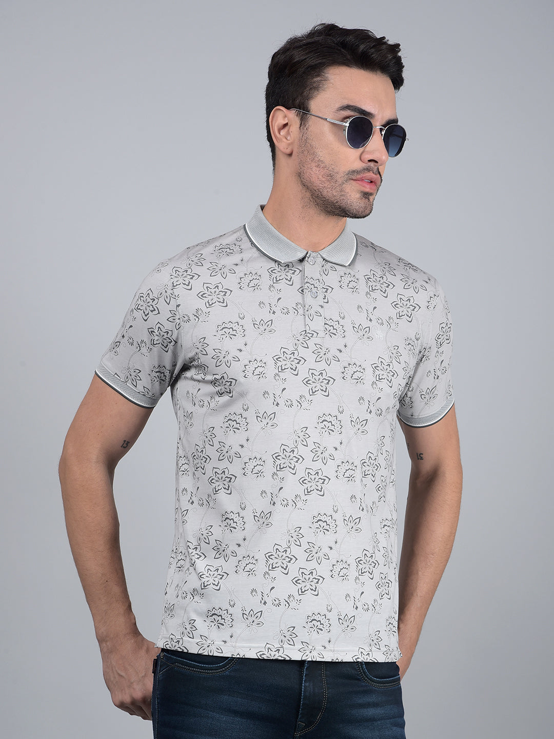 Grey Floral Print Polo Neck T-Shirt-Men T-Shirts-Crimsoune Club