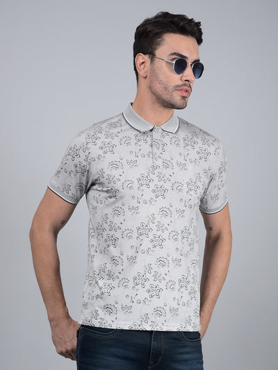 Grey Floral Print Polo Neck T-Shirt-Men T-Shirts-Crimsoune Club